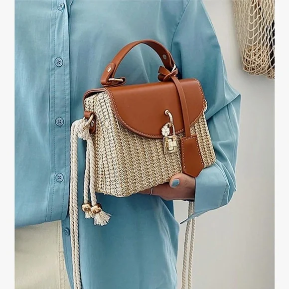 🆕 Straw Square Bag Straw Beach Bags For Women Rattan Purses Straw Crossbody - Picture 7 of 9